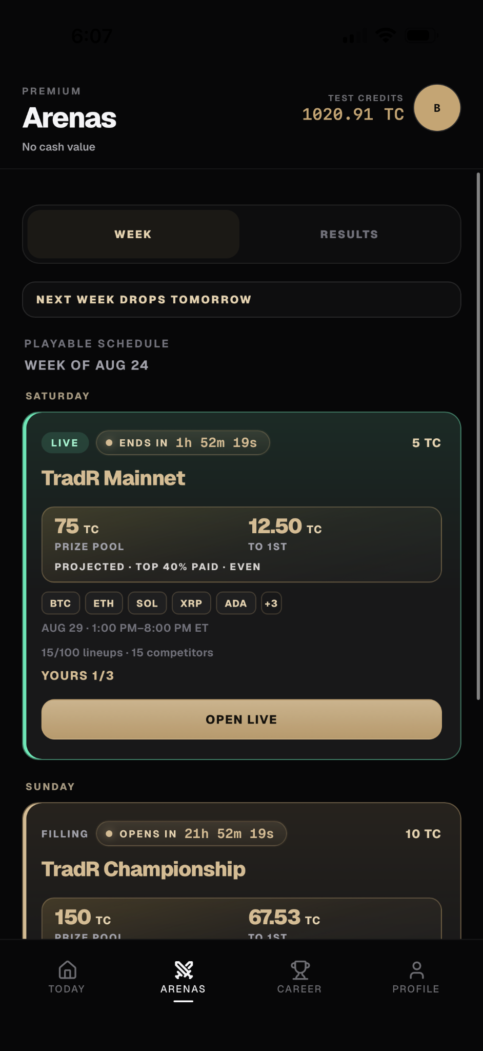 TradR Arenas weekly schedule